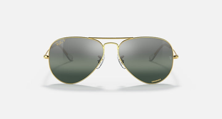 Ray-Ban aviator sunglasses with gold frame and dark green tinted lenses