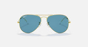 Ray-Ban aviator sunglasses with gold frame and blue tinted lenses