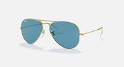 Gold aviator sunglasses with blue lenses and thin metal frame arms