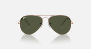 Ray-Ban aviator sunglasses with rose gold frame and dark green tinted lenses