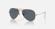 Ray-Ban aviator sunglasses with rose gold frame and dark blue lenses