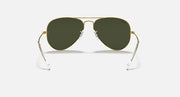 Ray-Ban aviator sunglasses, gold frame with dark green lenses, front view
