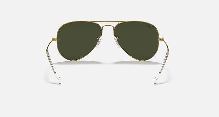 Ray-Ban aviator sunglasses, gold frame with dark green lenses, front view