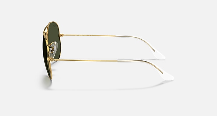 Gold metal aviator sunglasses with dark tinted lenses and curved arms