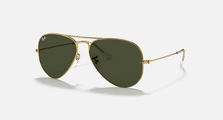 Ray-Ban aviator sunglasses with gold frame and dark green lenses