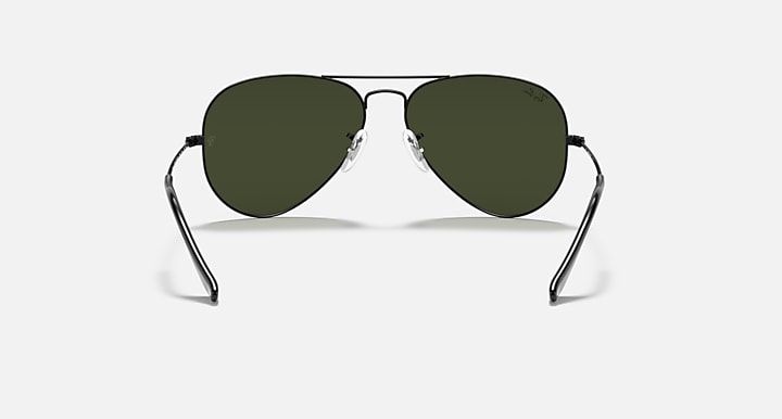 Ray-Ban aviator sunglasses with dark green lenses and dark metal frame temples