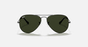 Ray-Ban aviator sunglasses with dark frame and dark green tinted lenses