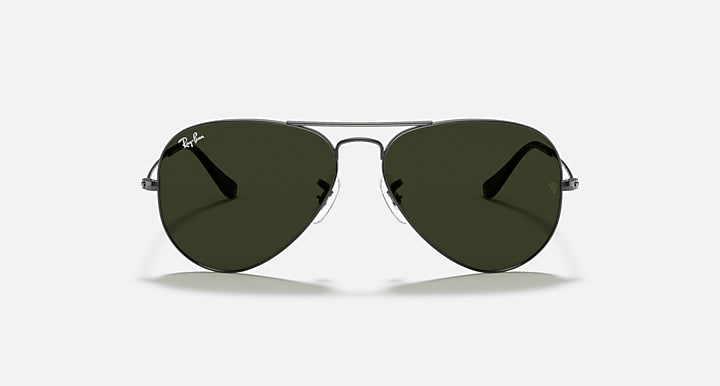 Ray-Ban aviator sunglasses with dark frame and dark green tinted lenses