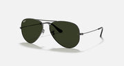Dark frame aviator sunglasses with green lenses and slim metal frame arms