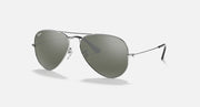 Ray-Ban aviator sunglasses with dark green lenses and silver frame