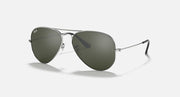 Ray-Ban aviator sunglasses with dark green lenses and silver frame