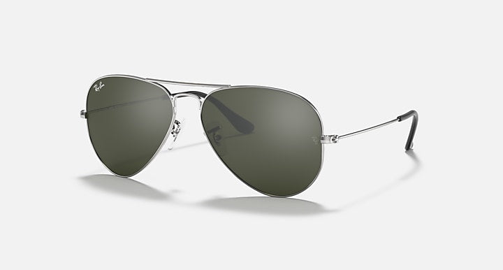 Ray-Ban aviator sunglasses with dark green lenses and silver frame