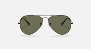 Ray-Ban aviator sunglasses with dark green lenses and thin metal aviator frame