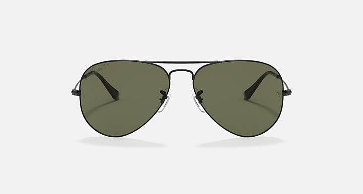 Ray-Ban aviator sunglasses with dark green lenses and thin metal aviator frame