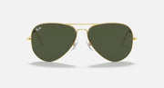 Front view aviator sunglasses with gold frame and dark green lenses
