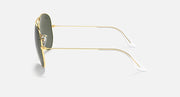 Aviator sunglasses side profile with gold frame and dark green lenses