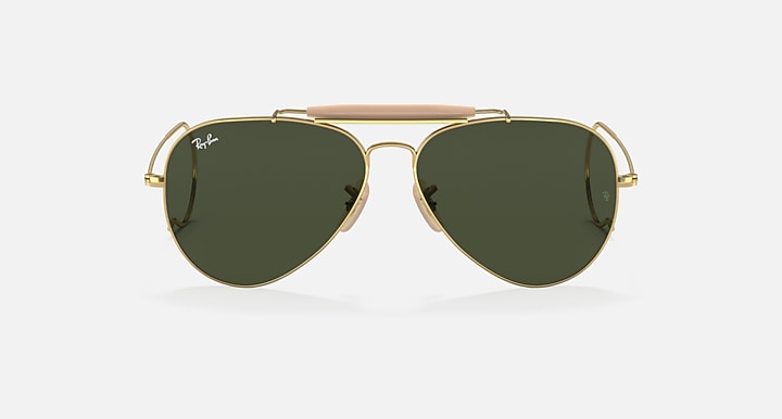 Gold frame aviator sunglasses with dark green lenses, front view