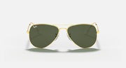 Gold small aviator sunglasses with dark green lenses, front view