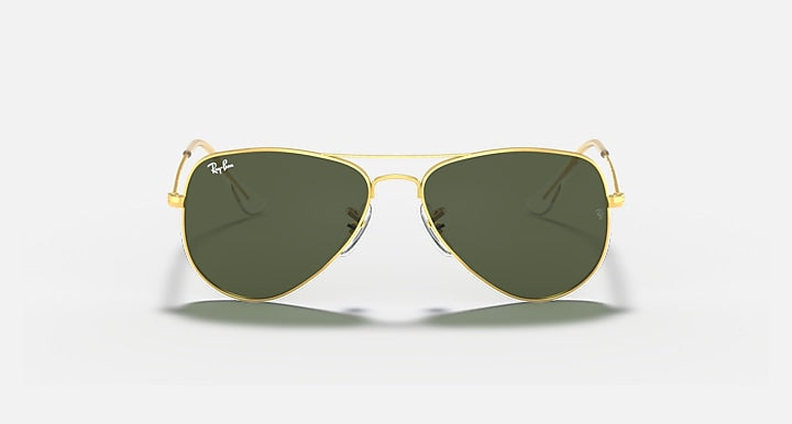 Gold small aviator sunglasses with dark green lenses, front view