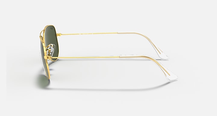 Gold small aviator sunglasses side profile, dark green lens and temples