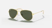 Gold small aviator sunglasses with dark green lenses, angled side view