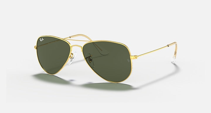 Gold small aviator sunglasses with dark green lenses, angled side view