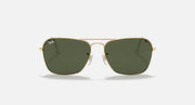 Ray-Ban Caravan sunglasses with dark green lenses on gold-tone frame, front view