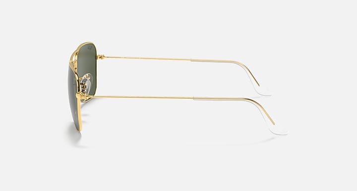 Ray-Ban Caravan sunglasses side view with gold-tone frame and dark green lens