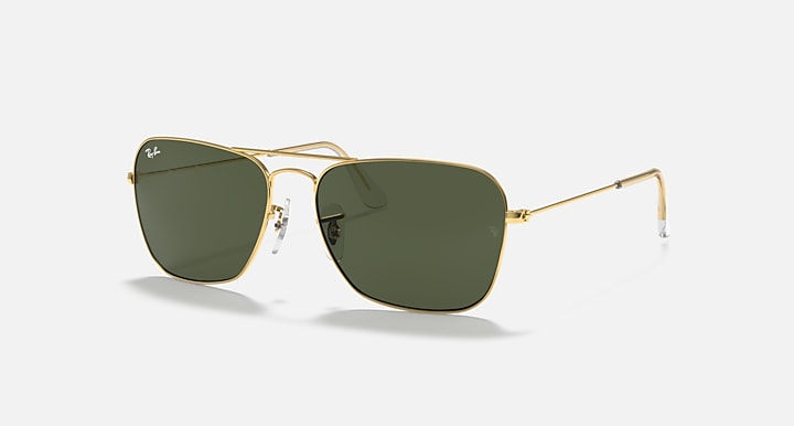 Ray-Ban Caravan sunglasses with gold frame and dark green lenses