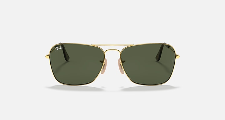 Gold sunglasses with dark green lenses, double-bridge detail
