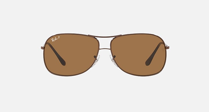 Ray-Ban aviator sunglasses, front view, brown tinted lenses, gold-tone metal frame