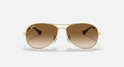 Aviator sunglasses with gold wire frame and gradient brown lenses, front view