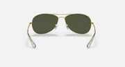Gold metal aviator sunglasses, straight-on view with dark green lenses and nose bridge