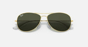 Gold metal aviator sunglasses with dark green lenses and center bridge bar