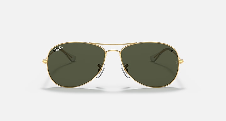 Gold metal aviator sunglasses, front view with dark green tinted lenses