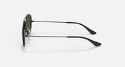 Gunmetal sunglasses side view with green lens and slim metal temple arms