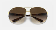 Aviator sunglasses with gold frame and dark brown gradient lenses, front view