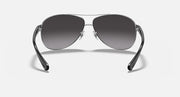 Aviator sunglasses with dark frame and dark gray gradient lenses, front view