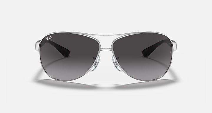 Aviator sunglasses with silver frame and dark gray gradient lenses, front view