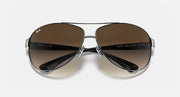 Ray-Ban aviator sunglasses top view, silver frame with brown gradient lenses