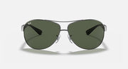 Ray-Ban aviator sunglasses, silver frame with dark green tinted lenses
