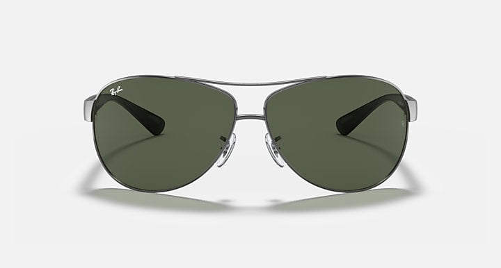 Ray-Ban aviator sunglasses, silver frame with dark green tinted lenses