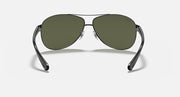 Ray-Ban aviator sunglasses with green lenses and silver metal frame, straight-on view.