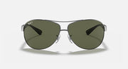 Ray-Ban aviator sunglasses with green lenses and silver metal frame, front view.