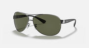 Ray-Ban aviator sunglasses with green lenses and silver metal frame, side angle.