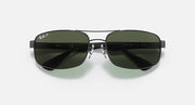 Sunglasses with black frame and reflective dark green lenses