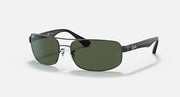 Rectangular sunglasses with black frame and dark green lenses
