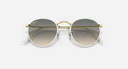 Round sunglasses with gold-and-silver frame, gray tinted lenses.