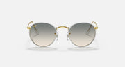 Round sunglasses, gold metal frame with mirrored gray lenses.