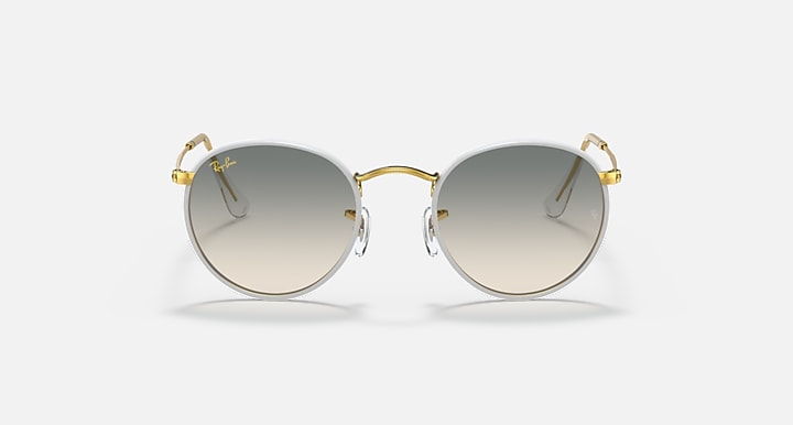 Round sunglasses, gold metal frame with mirrored gray lenses.